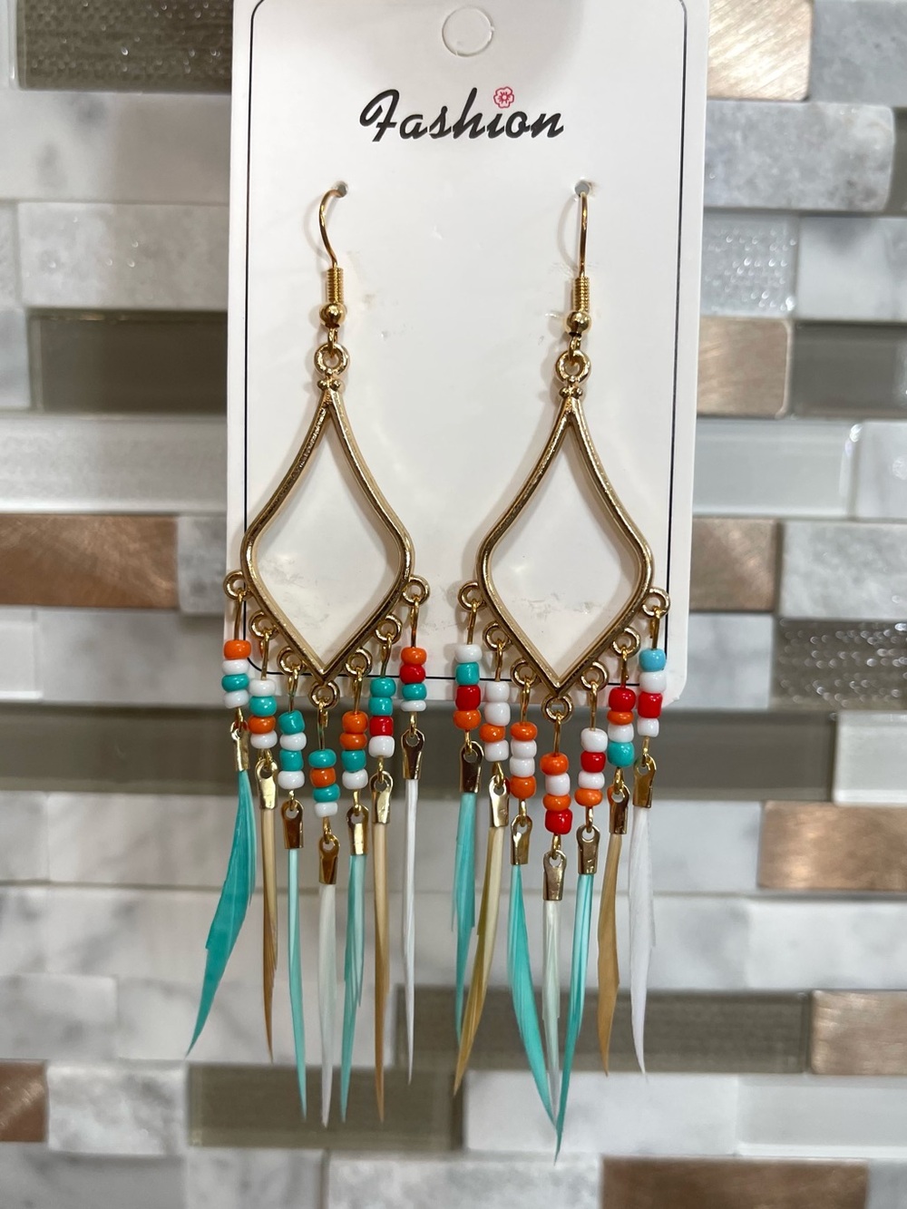 Gold-Tone Dangle Earrings with Turquoise, Orange & White Beads